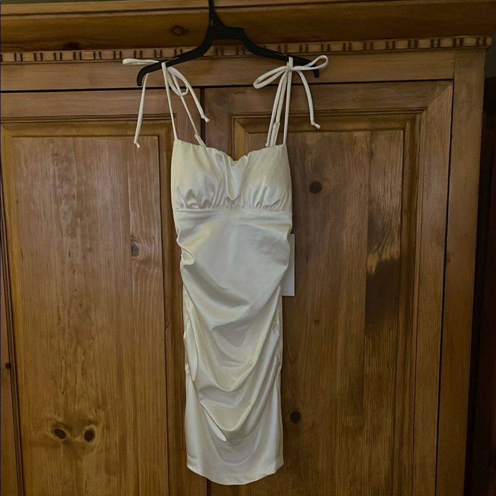 Honey and RosieWhite Bodycon Mini Dress with Ruched Details and Spaghetti Straps